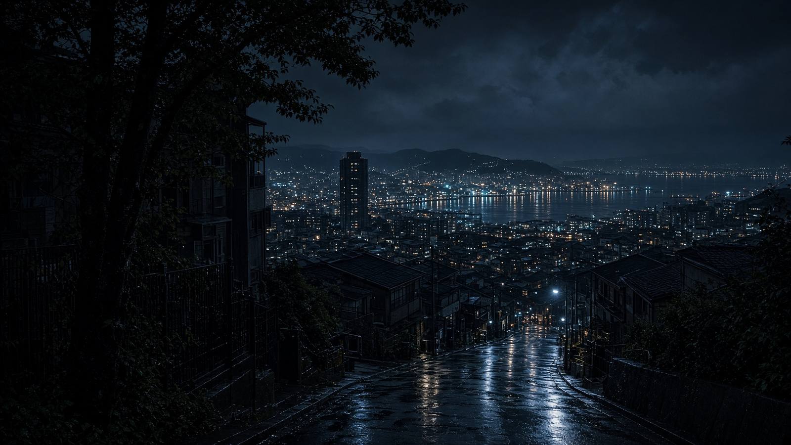 夜の神戸、港の光