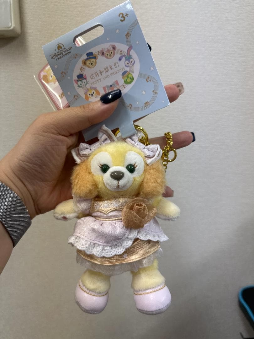Unedited listing photo showing the pale dress, paper tag and gold-colored attachment hardware