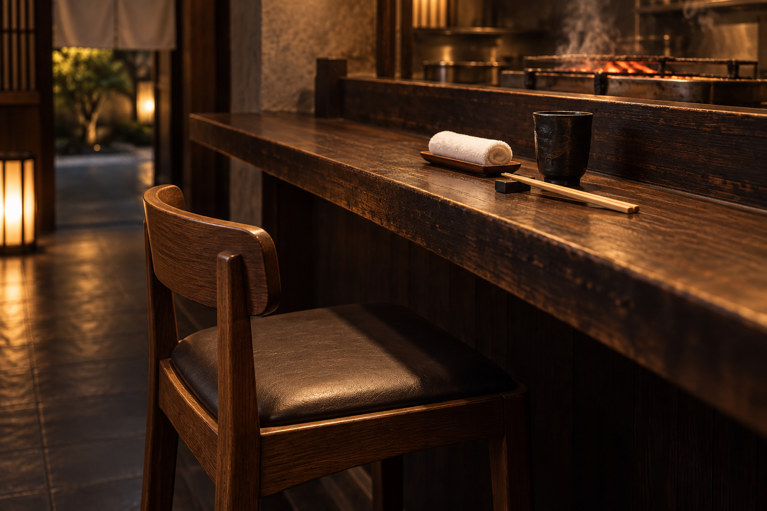 Illustration of an empty wooden counter seat with a towel, cup and chopsticks