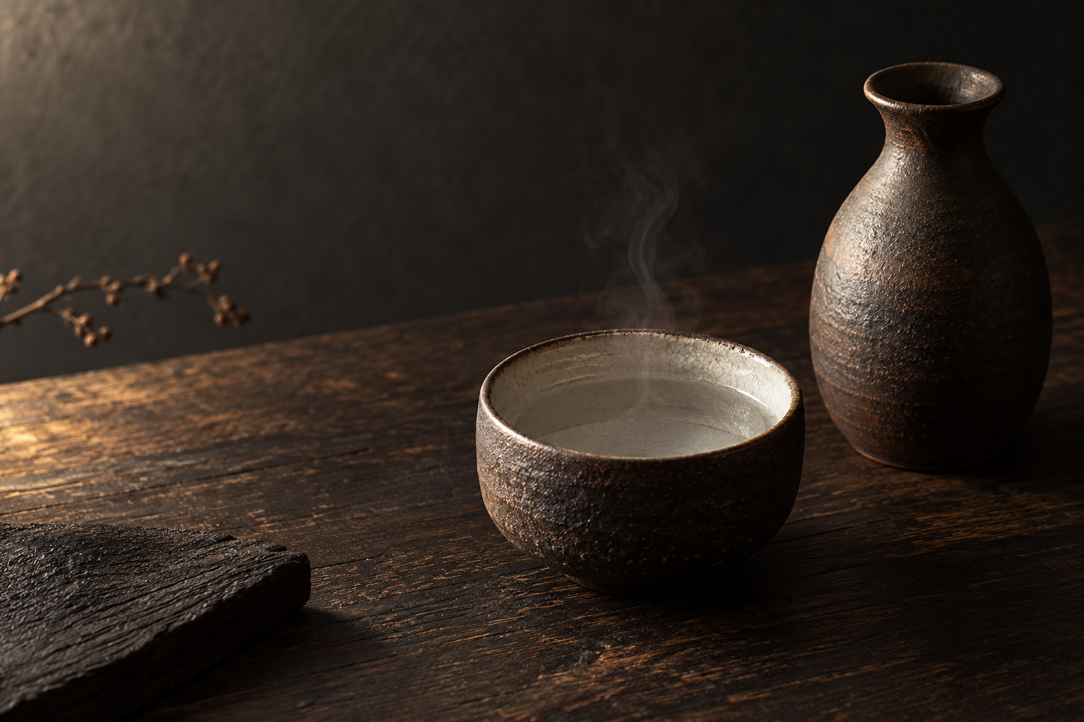 Editorial illustration of a ceramic cup with steam and a water carafe