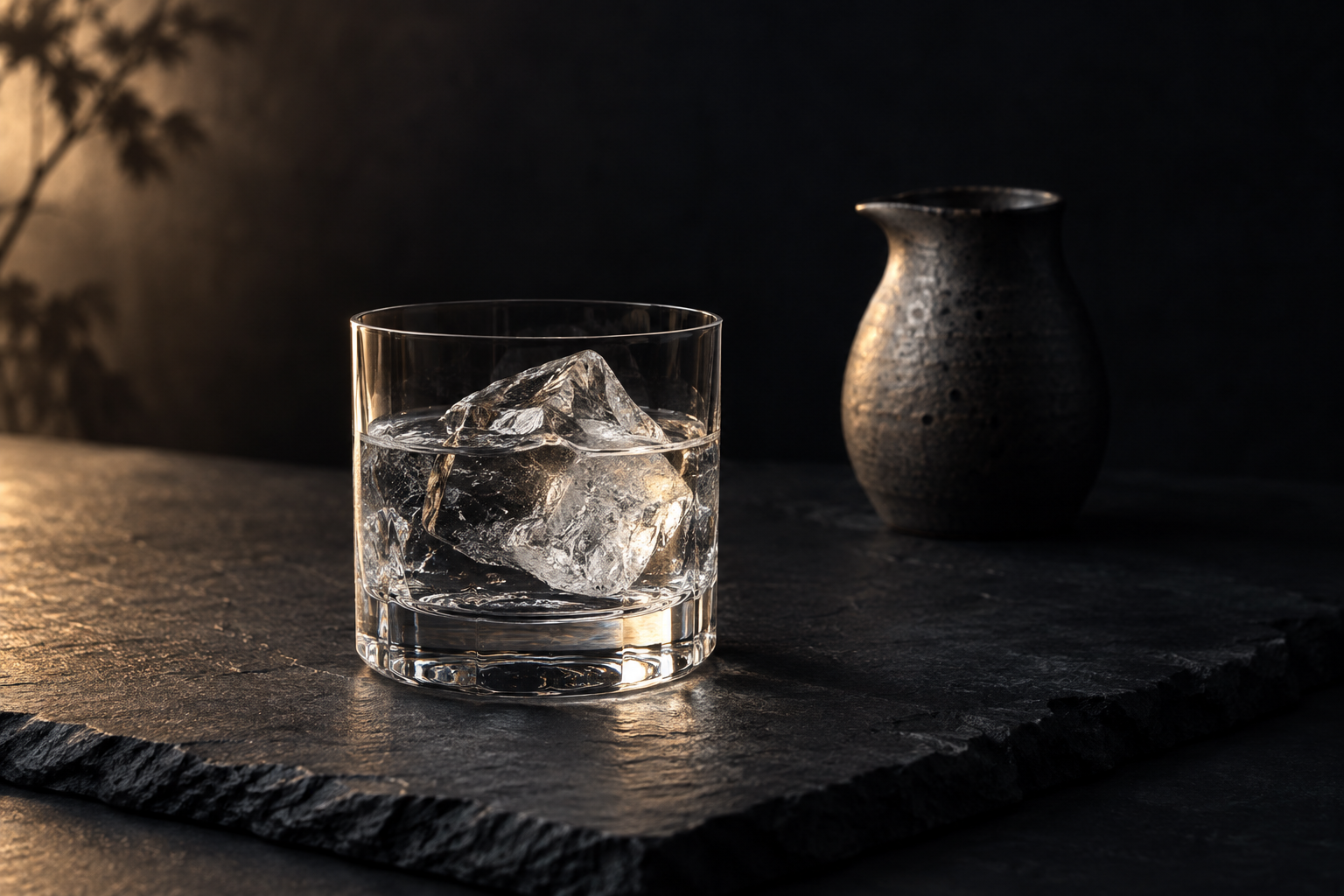 氷を入れたグラスと陶器の水差しを描いた焼酎の飲み方のイメージ
