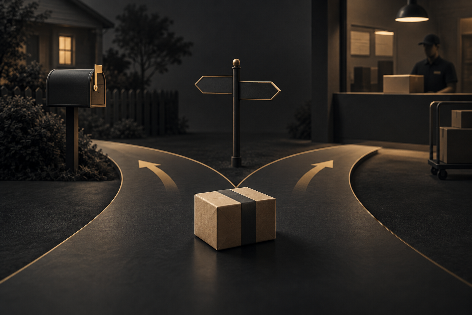 AI illustration of a parcel and two possible delivery paths after dispatch