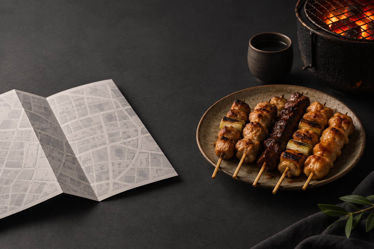 Editorial still life of a blank map and yakitori skewers for an Osaka dinner plan