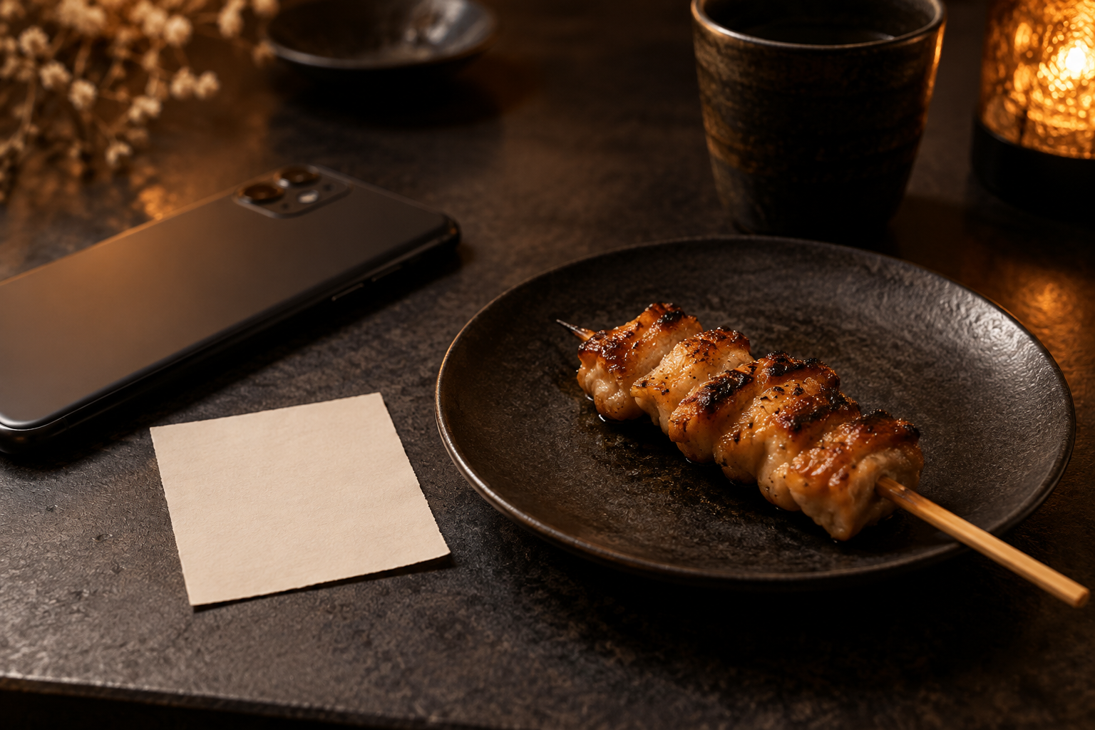 暗い卓上の電話と焼鳥串を組み合わせた連絡のイメージ