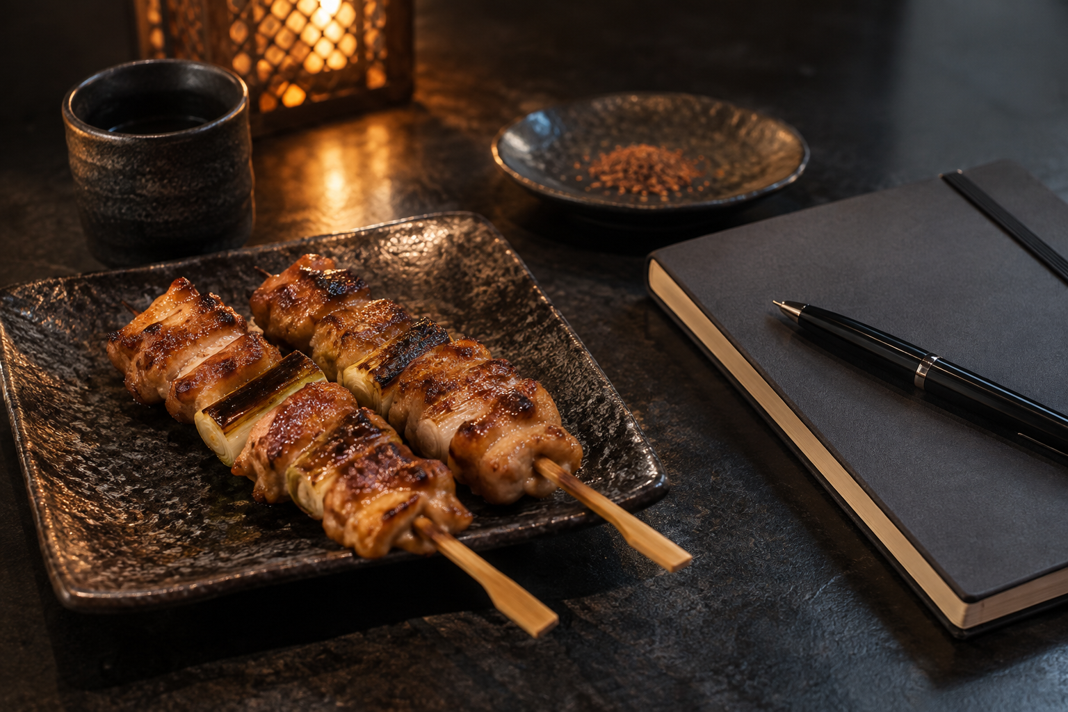 Yakitori skewers and a notebook on a dark table, an editorial image for changing dinner plans