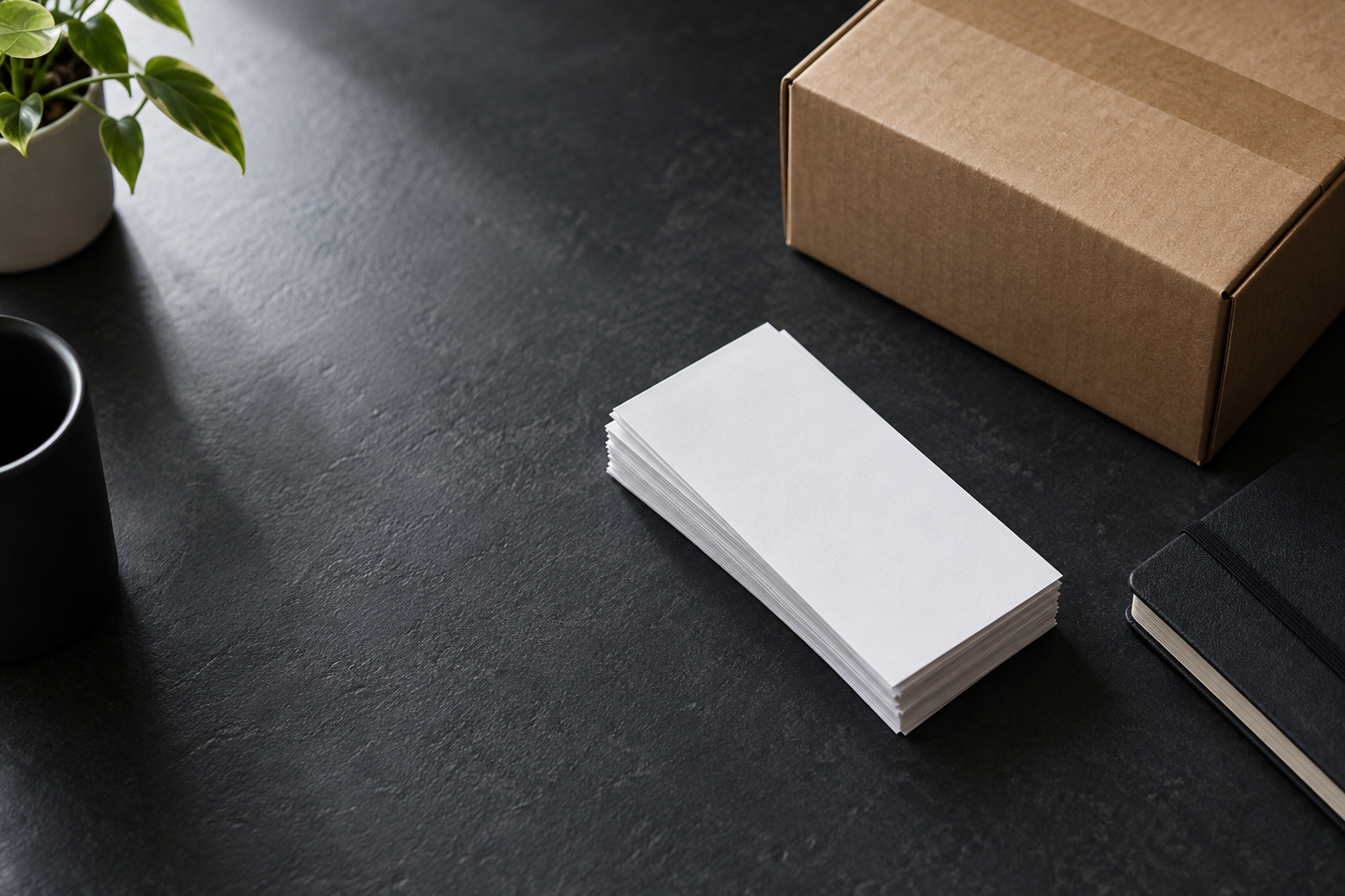 Blank paper slips and a parcel on a dark desk, illustrating purchase record keeping