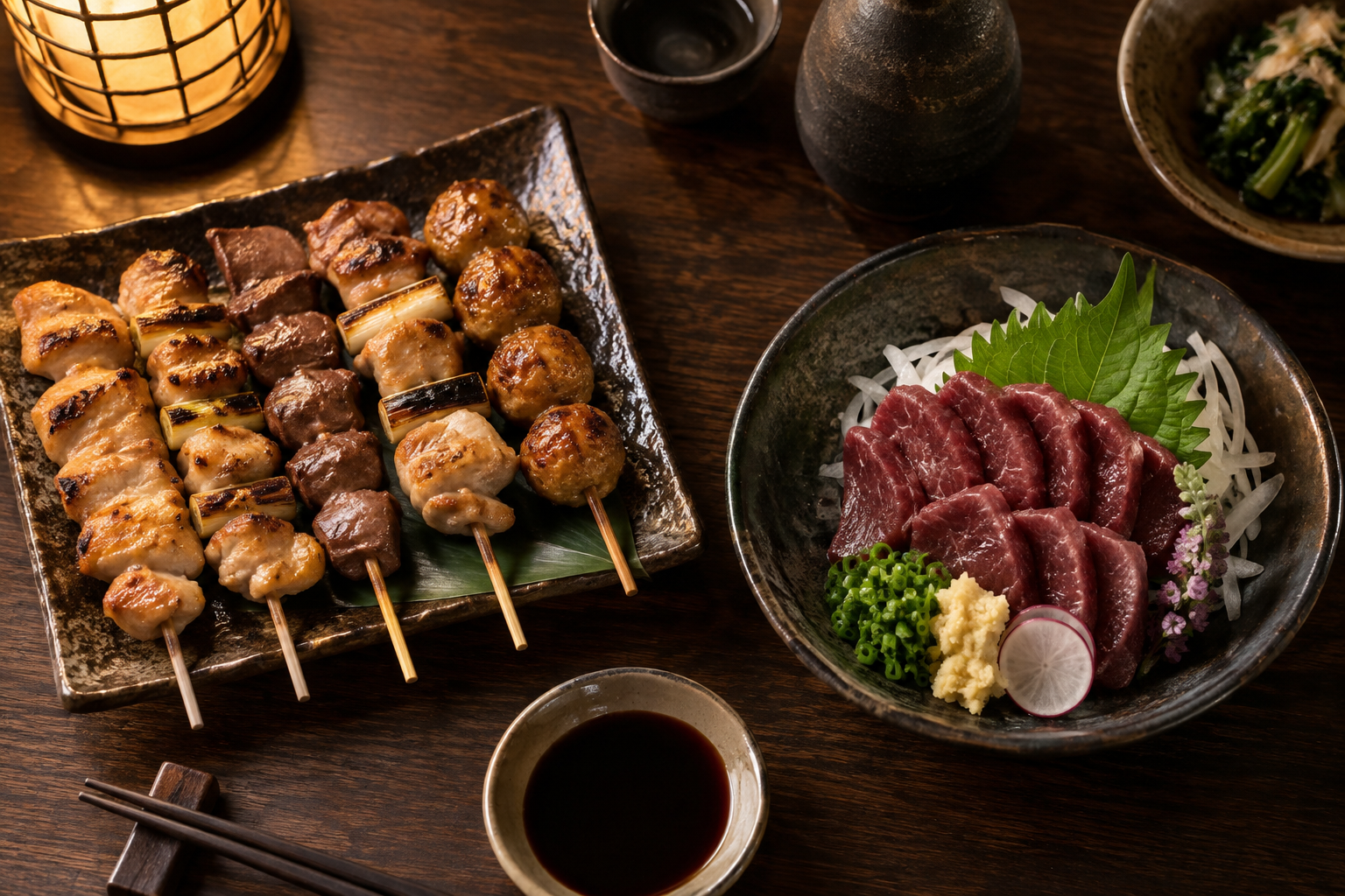 Editorial illustration of grilled yakitori and basashi on separate plates