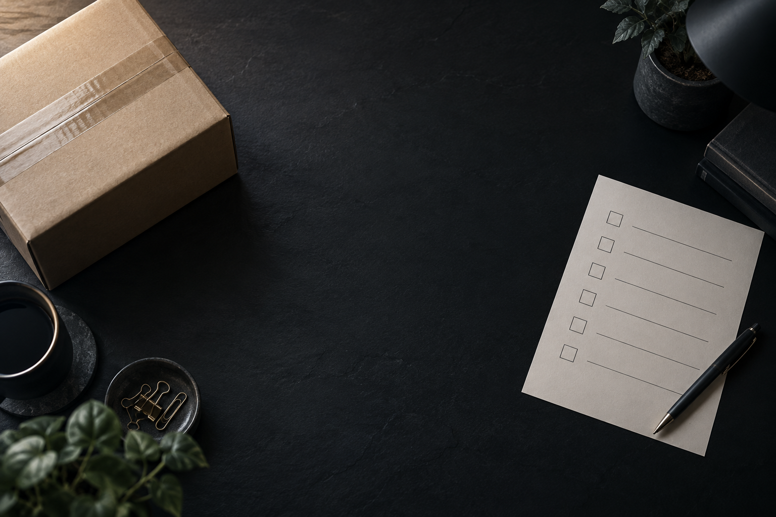 Dark editorial illustration of an unbranded parcel and blank checklist