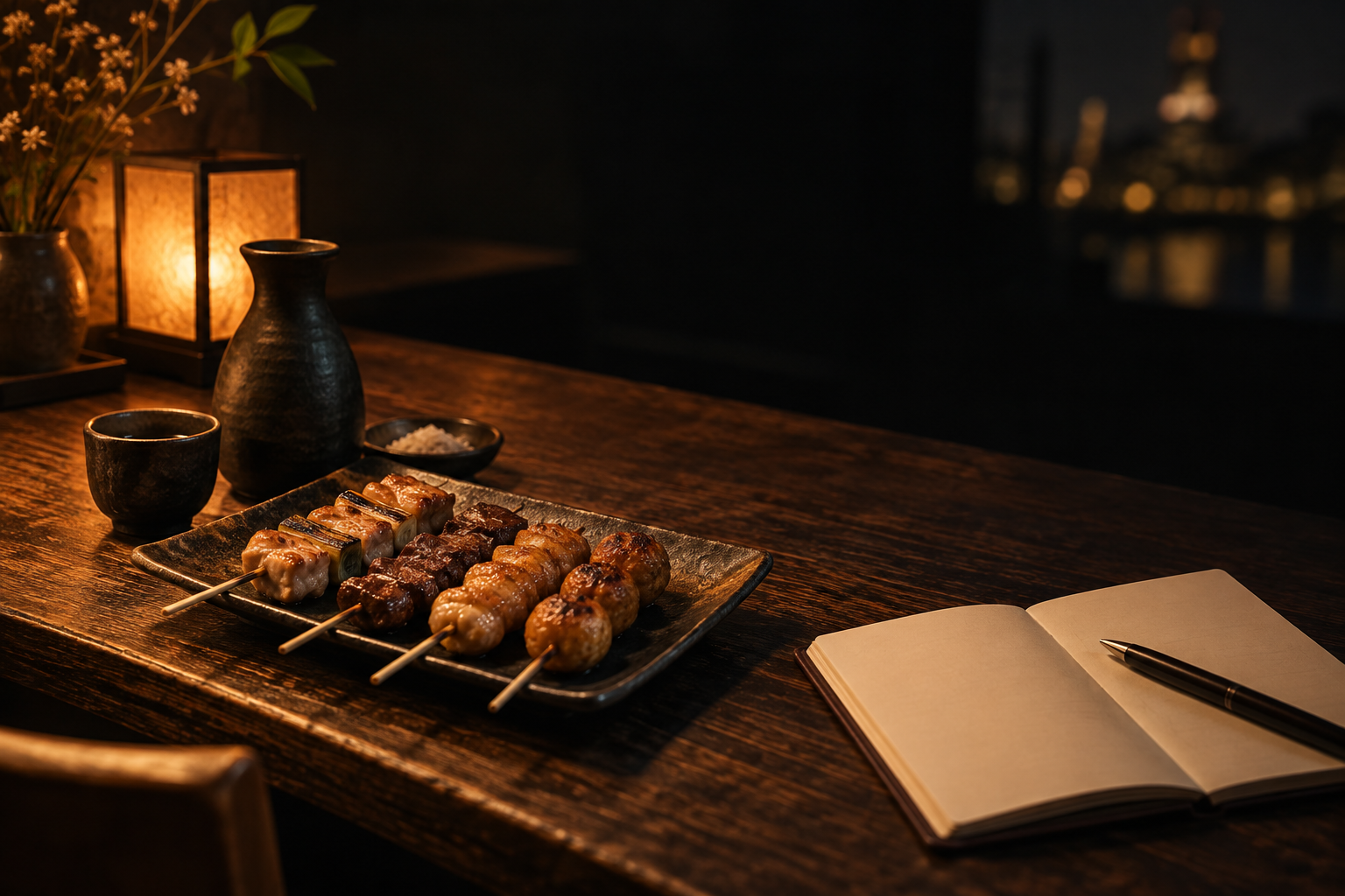 Editorial scene of yakitori skewers and a reservation notebook on a dark table