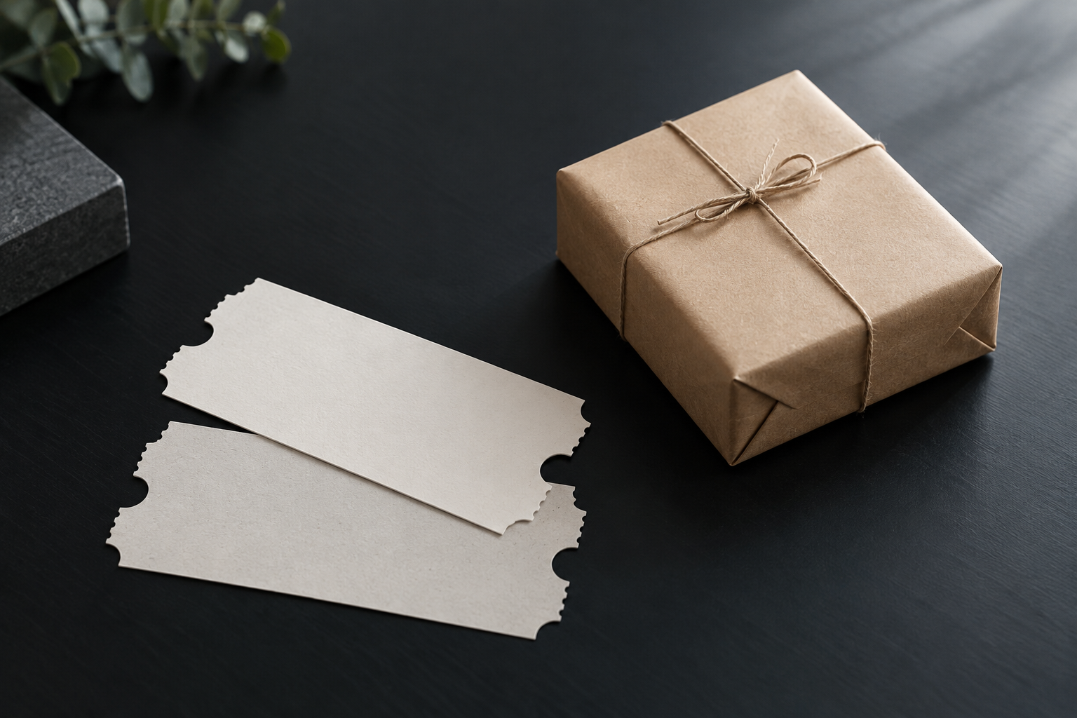 Two blank tickets beside an unbranded parcel on a dark desk