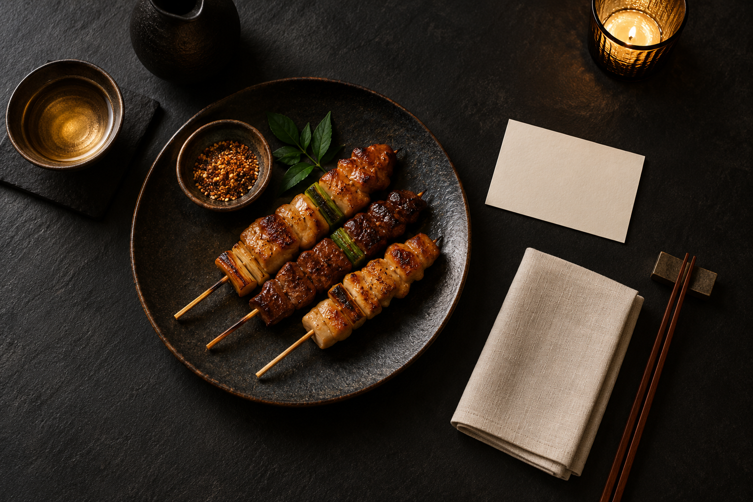 Conceptual dark table with skewers and a blank question card