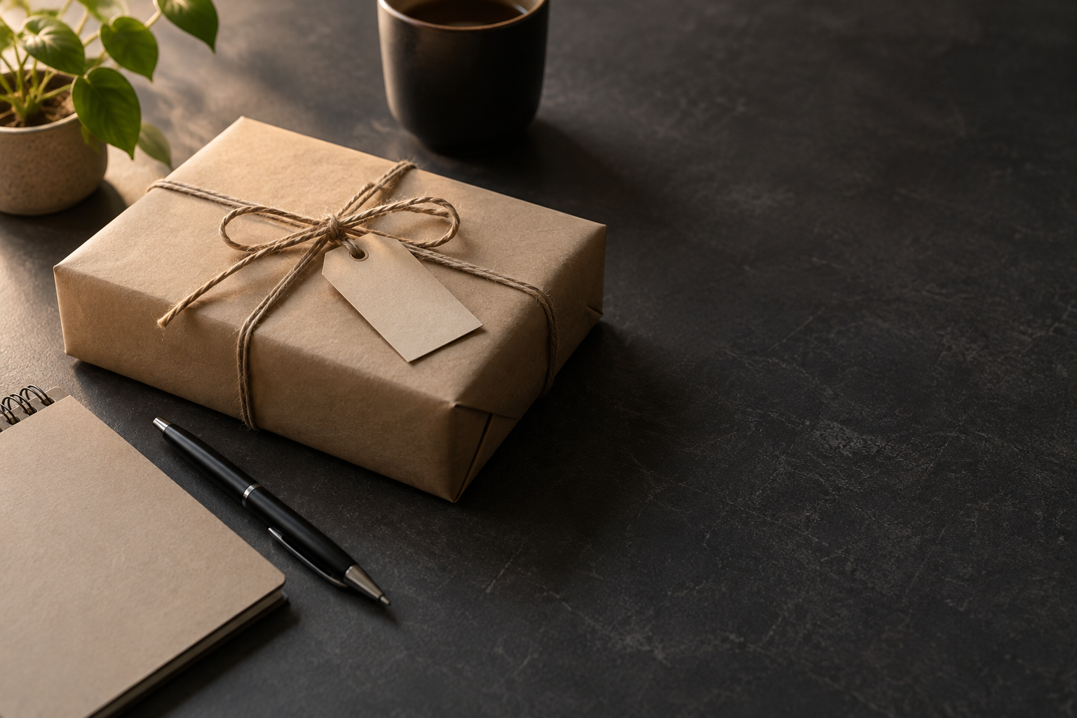 A smartphone, a blank paper price tag and a kraft paper parcel on a dark desk