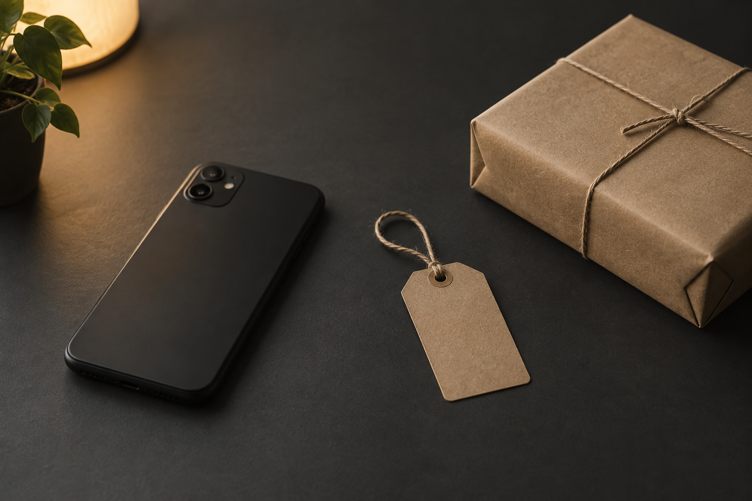 暗い机の上のスマートフォン、白紙の値札タグ、紐をかけたクラフト紙の小包