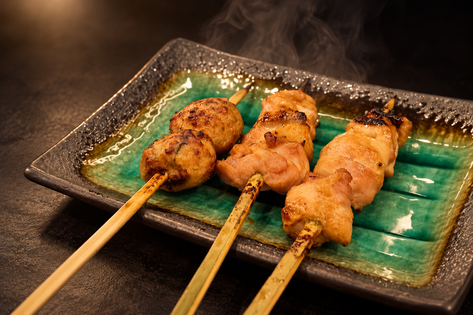 Three yakitori skewers, including tsukune, on a green plate at Yakitori Senkichi