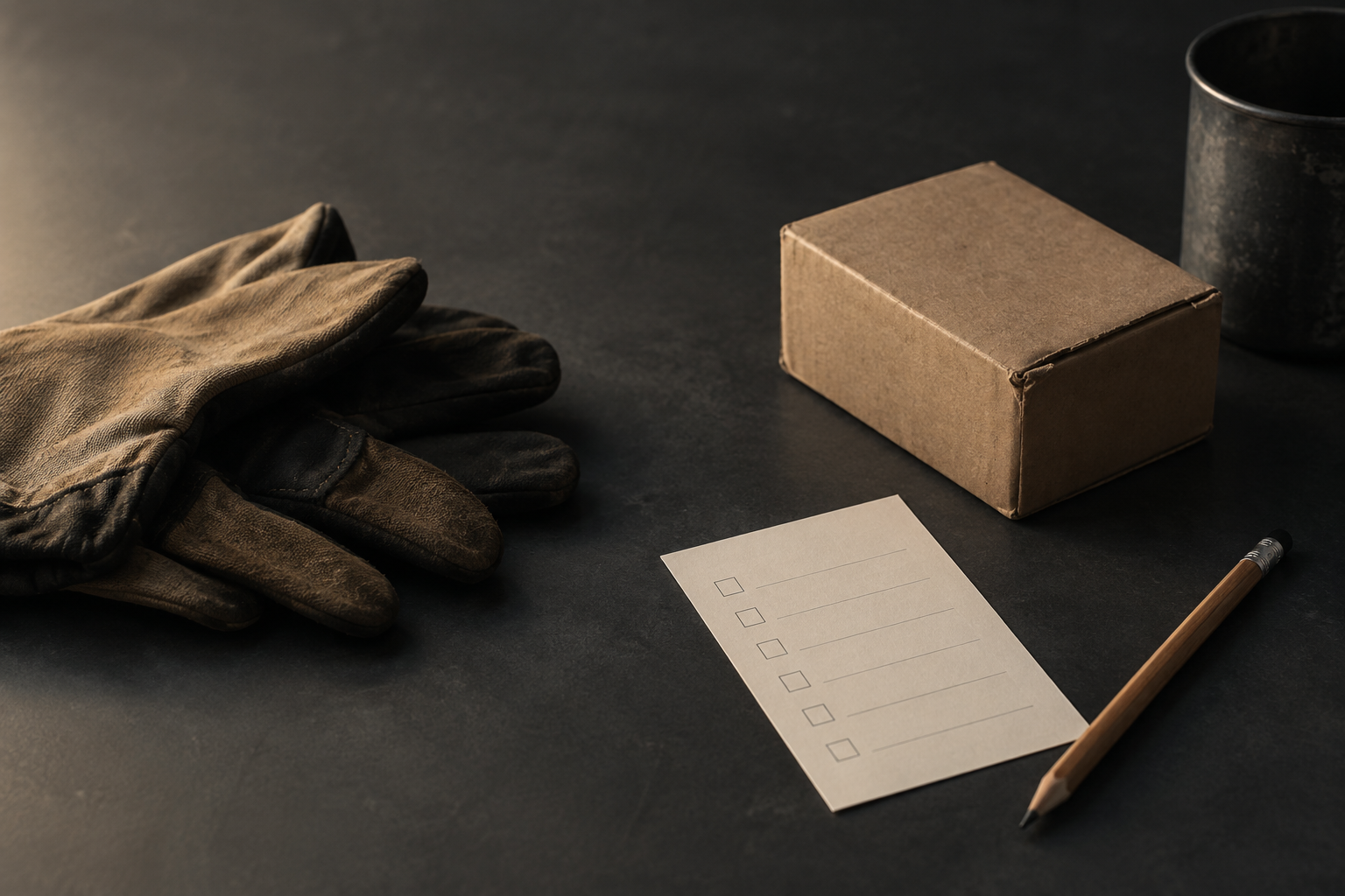 Worn leather gloves, a small cardboard box, a blank checklist card and a pencil on a dark slate table