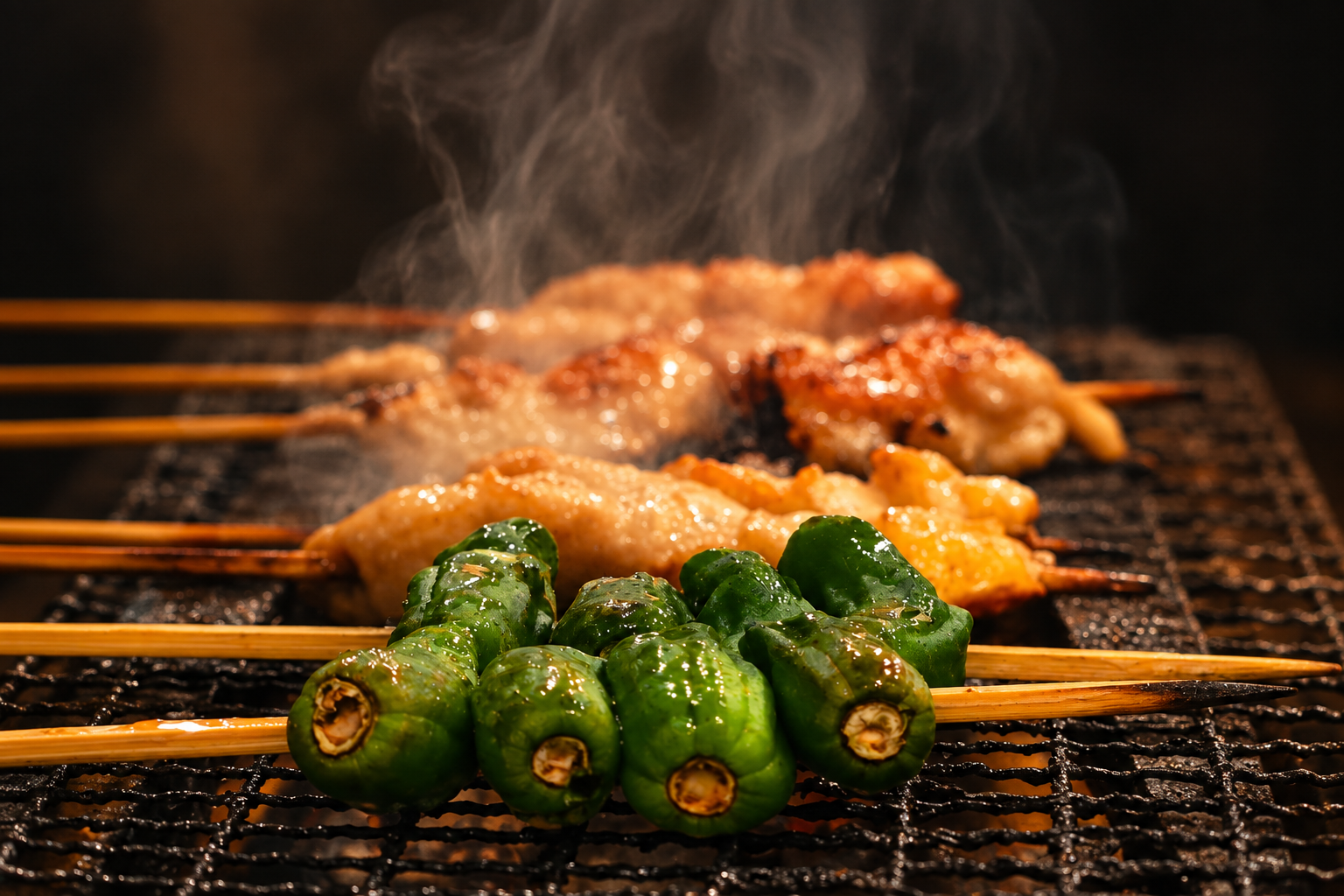 焼鳥千吉の焼き台で煙を上げて焼ける鶏の串とししとうの串