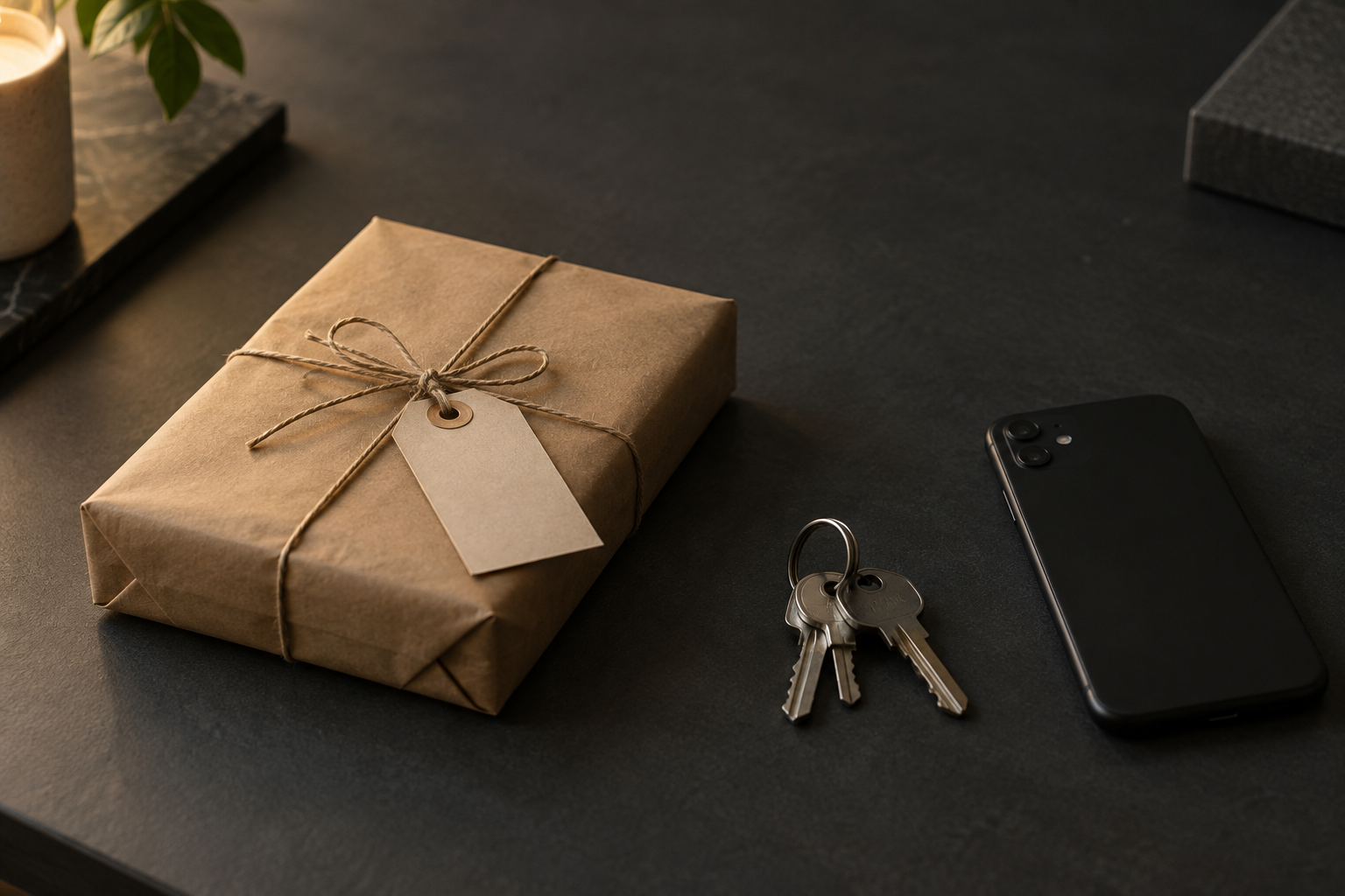 A kraft paper parcel with a blank tag, a set of keys and a smartphone lying face down on a dark table