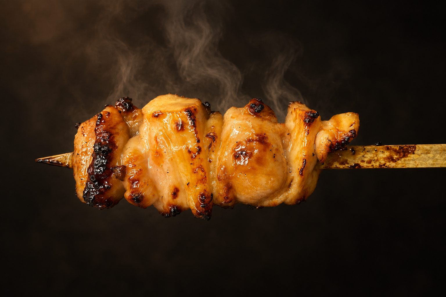 暗い背景に浮かぶ、焼き目のついた鶏肉の串。うっすらと湯気が立っている