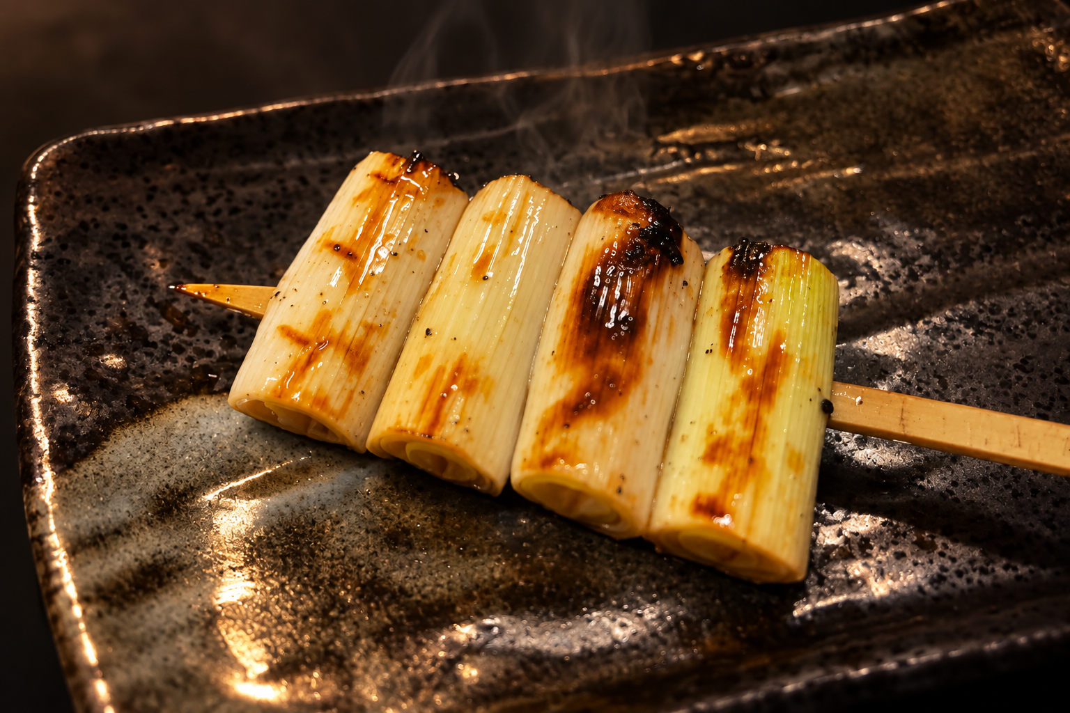 A skewer of four grilled leek pieces with charred marks on a dark glazed plate