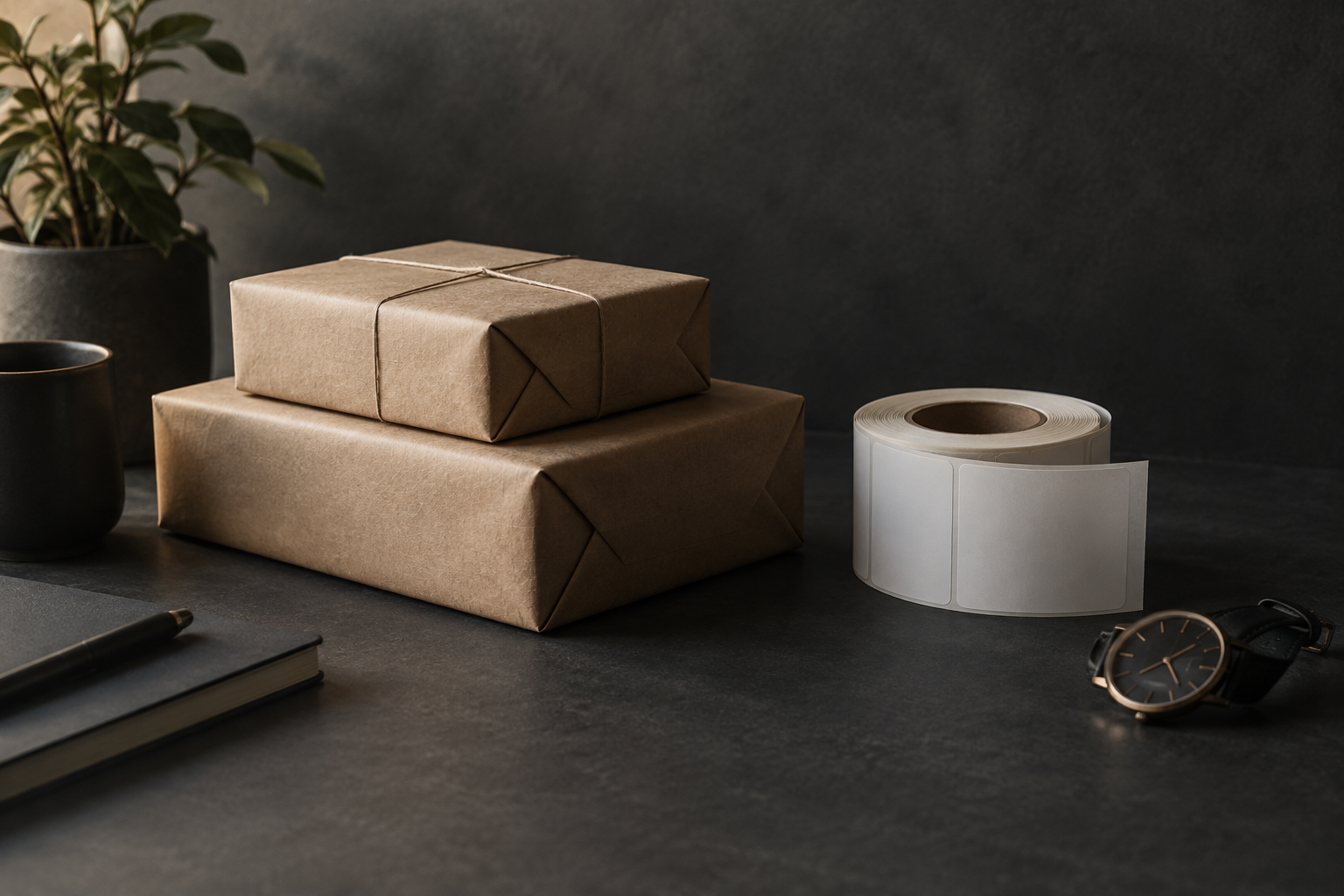 Two stacked kraft paper parcels, a roll of blank labels and a wristwatch on a dark desk