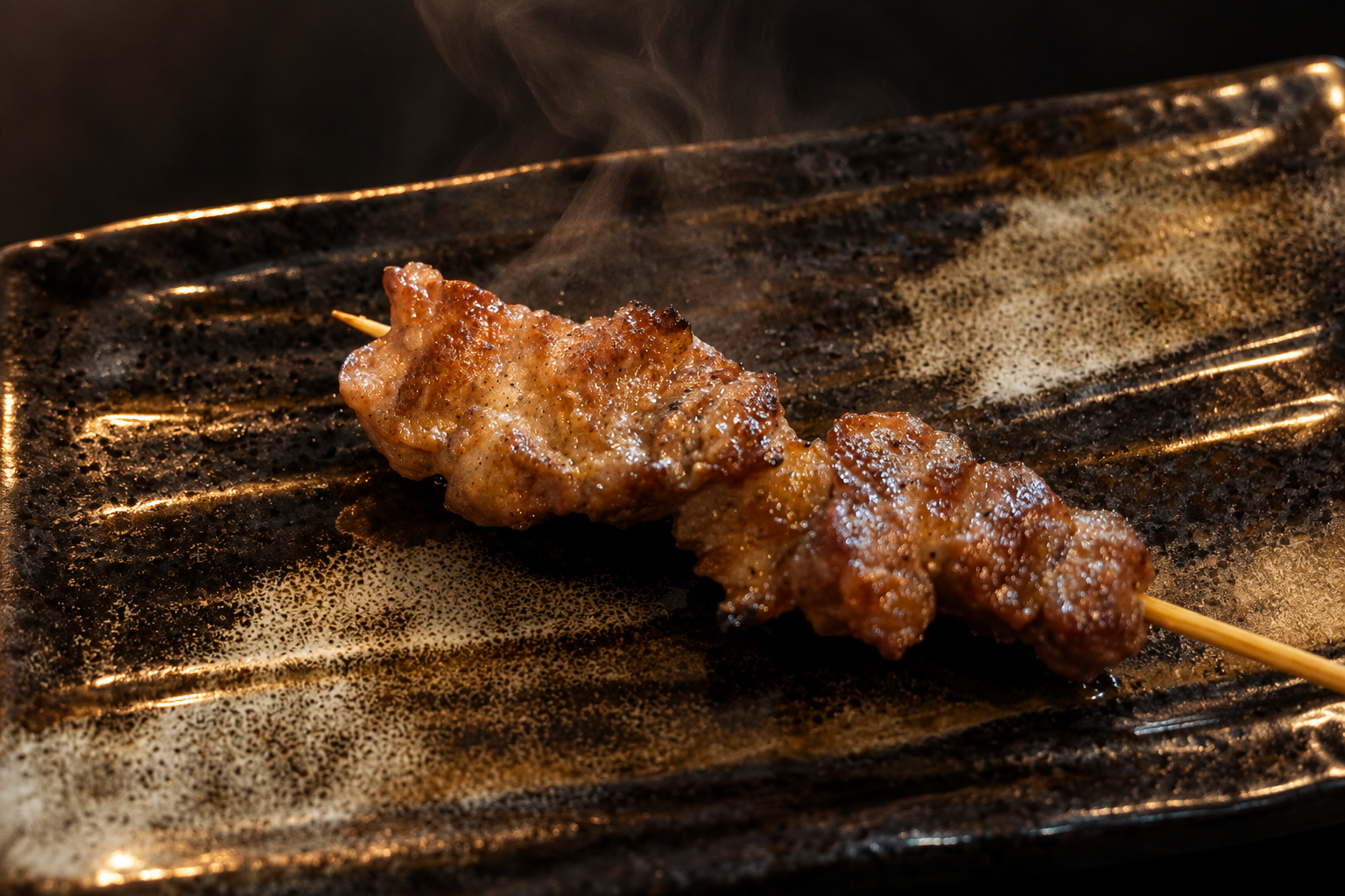 A grilled meat skewer on a dark glazed plate, with a little steam rising
