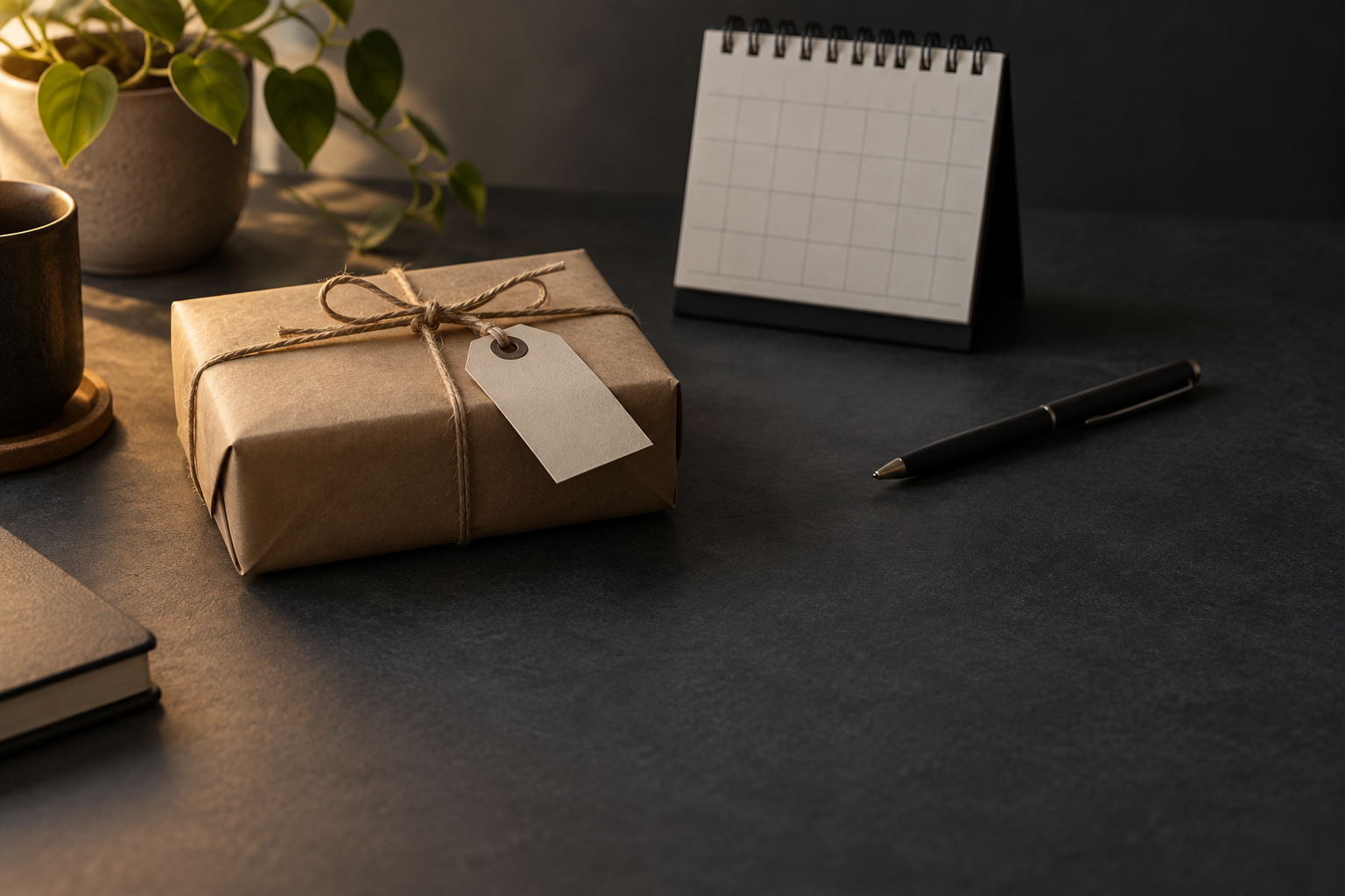 A kraft paper parcel with a blank tag, a desk calendar and a pen on a dark table