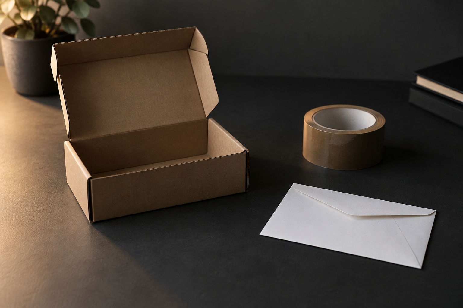 An empty open cardboard box, a roll of packing tape and a blank envelope on a dark table