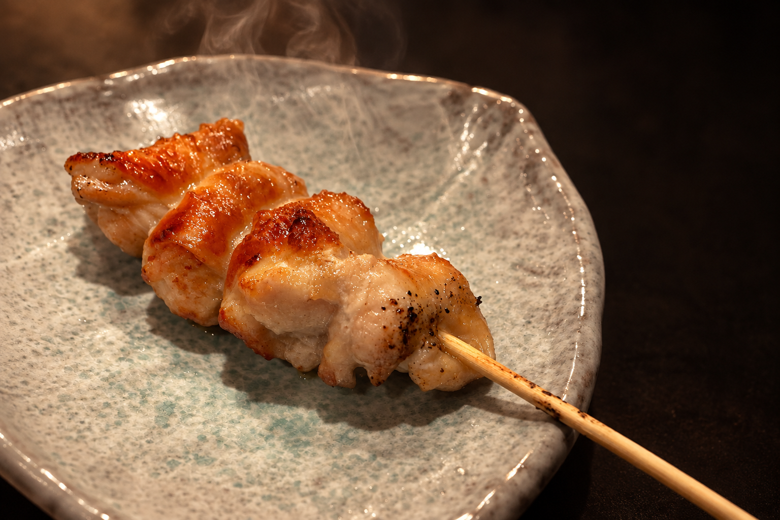 A charcoal-grilled chicken skewer on a pale glazed plate, with a little steam rising