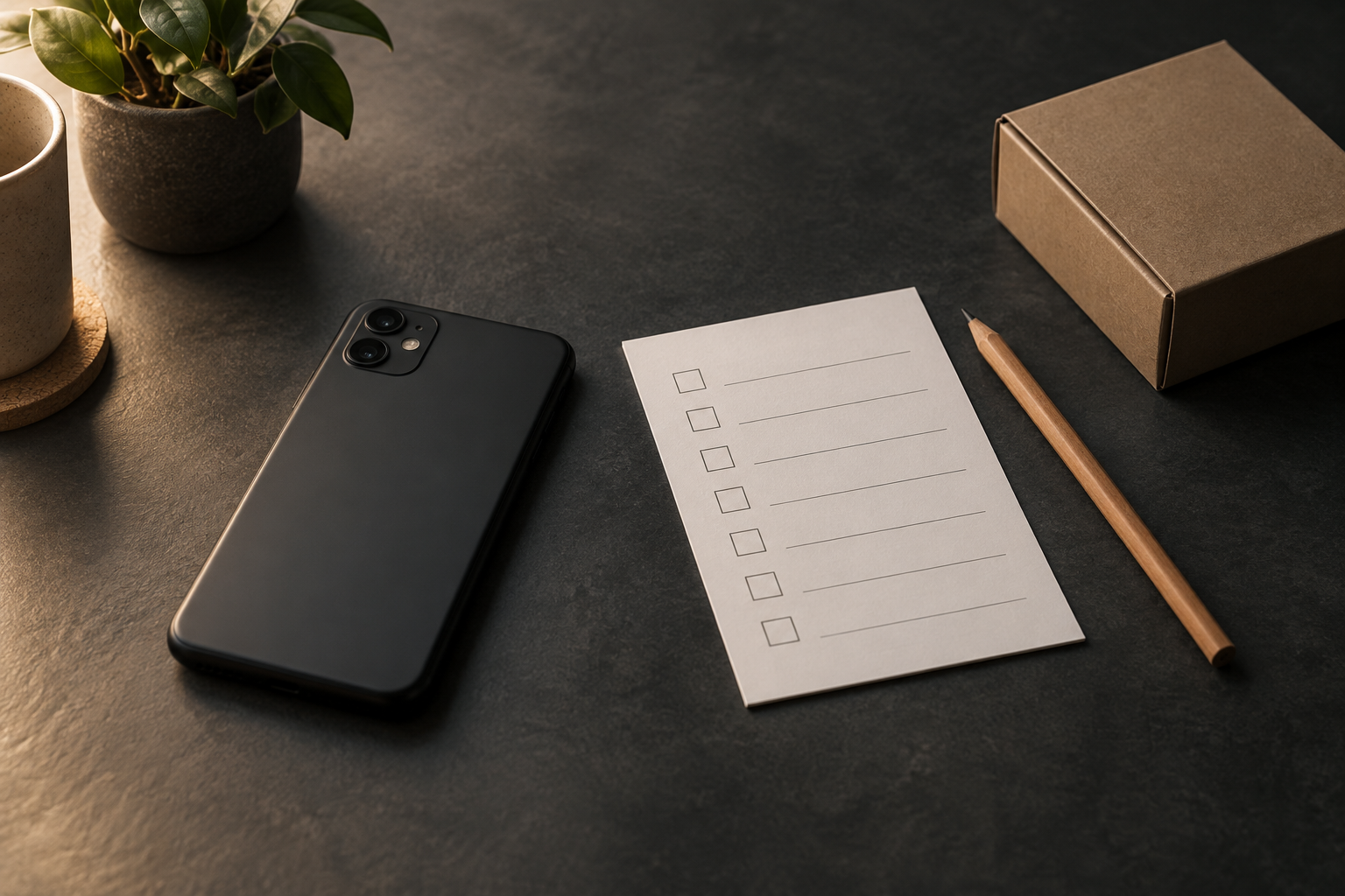 A phone lying face down, a blank checklist card with a pencil and a small closed cardboard box on a dark table