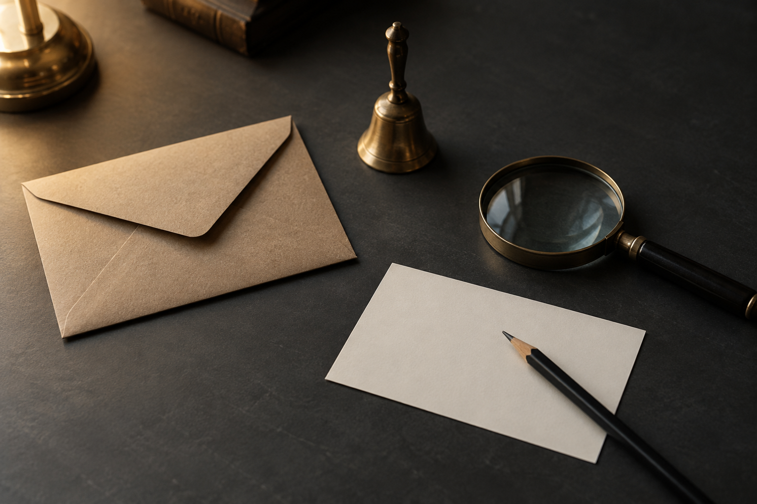 A kraft envelope, a small brass bell, a blank card with a pencil and a magnifying glass on a dark table