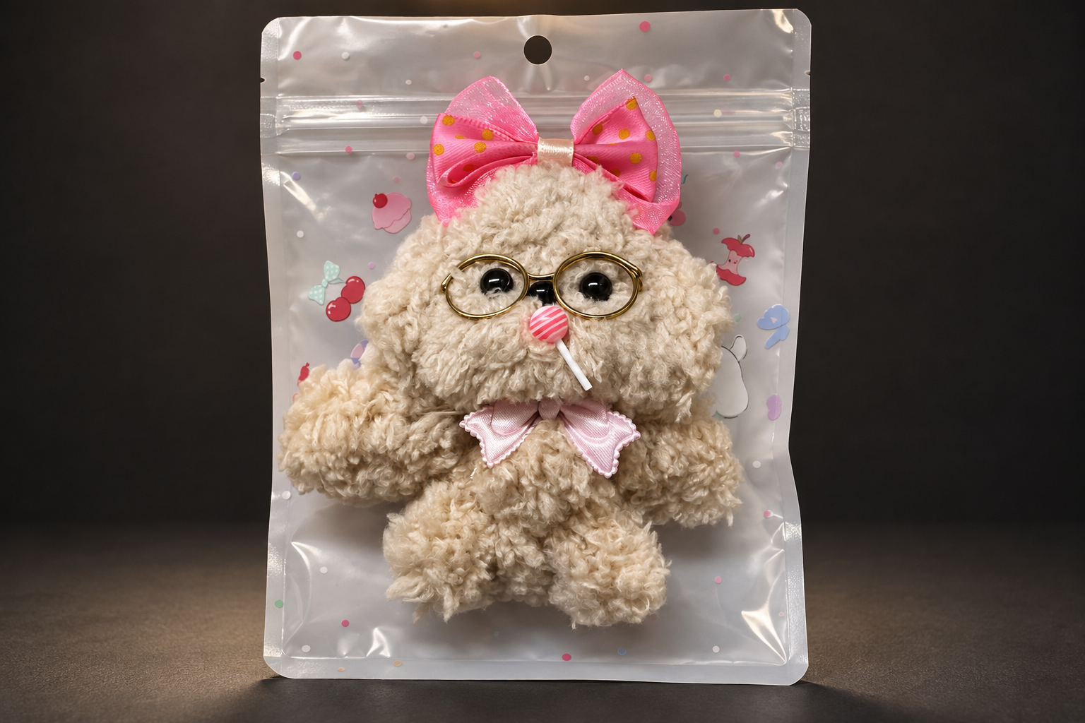 A beige fluffy dog doll with a pink polka-dot bow, round gold glasses and a lollipop, sitting on a clear printed bag against a dark background