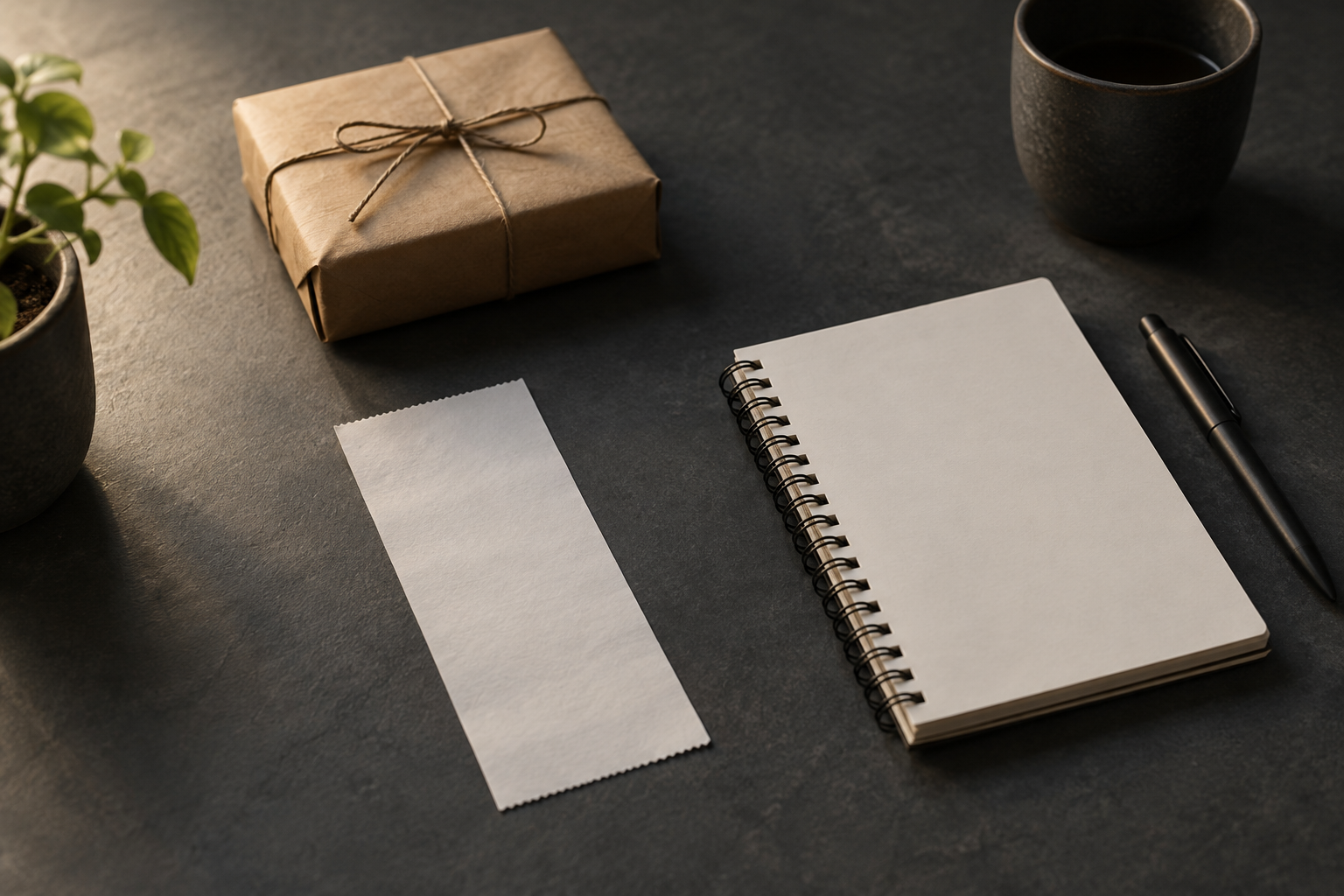 A small kraft parcel tied with string, a blank paper slip, a notebook and a pen on a dark slate table