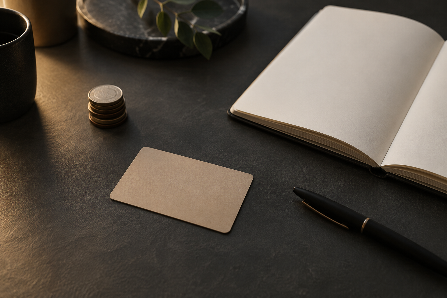 A blank plain card, a small stack of coins, a pen and an open blank notebook on a dark slate table