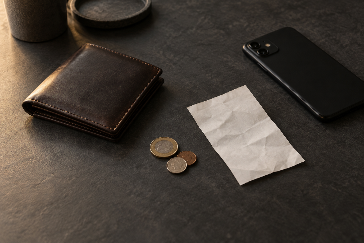 暗い石の机に置いた革の財布、硬貨、白紙のレシート、伏せたスマートフォン