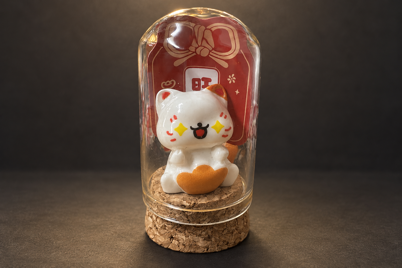 A white maneki-neko figure holding an orange gold-ingot shape, inside a glass dome on a cork base, in front of a red card printed with 旺, on a dark grey background
