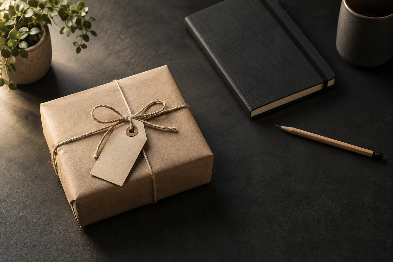 A kraft paper parcel tied with twine and a blank tag on a dark desk, next to a black notebook and a pencil