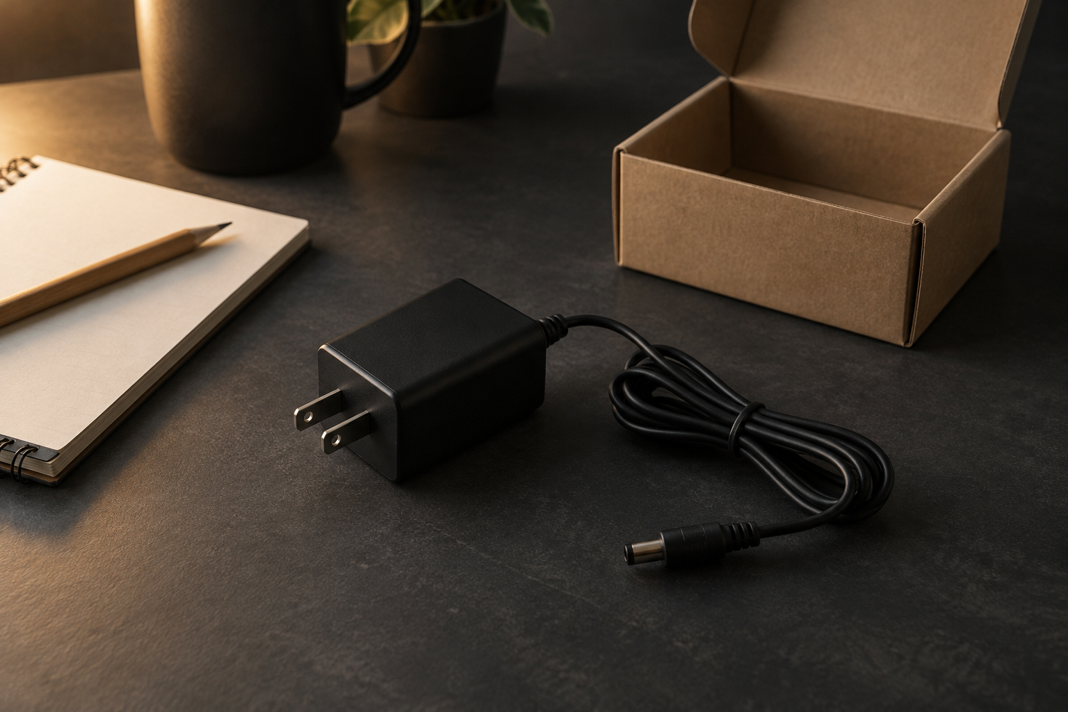 A plain black AC adapter with its cord coiled on a dark desk, beside an open cardboard box and a notebook with a pencil