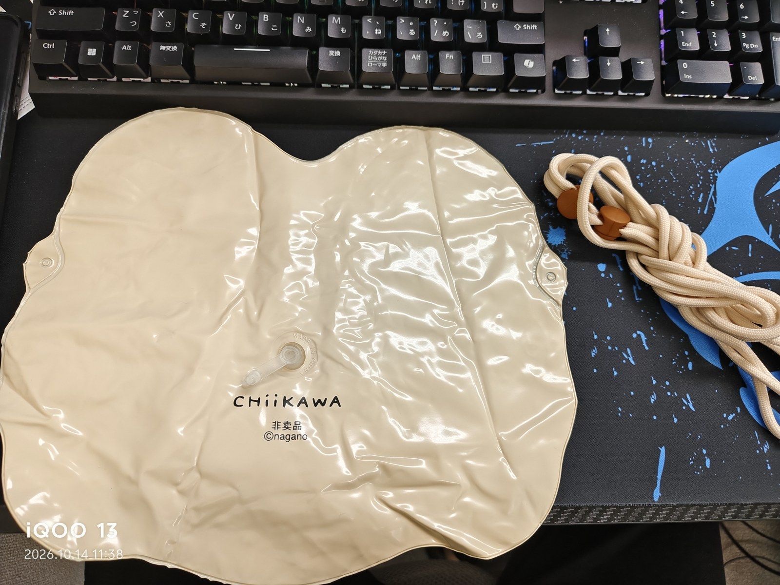 The back of the vinyl bag, with CHIIKAWA, 非卖品 and ©nagano printed below a clear air valve, and the rope strap on the right (unedited photo)