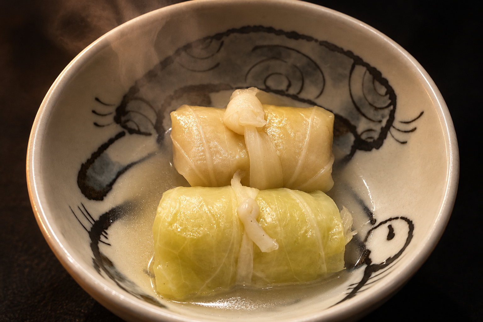 Two cabbage rolls tied with kanpyo strips, sitting in a clear broth in a white bowl with an ink-brush pattern, against a dark background