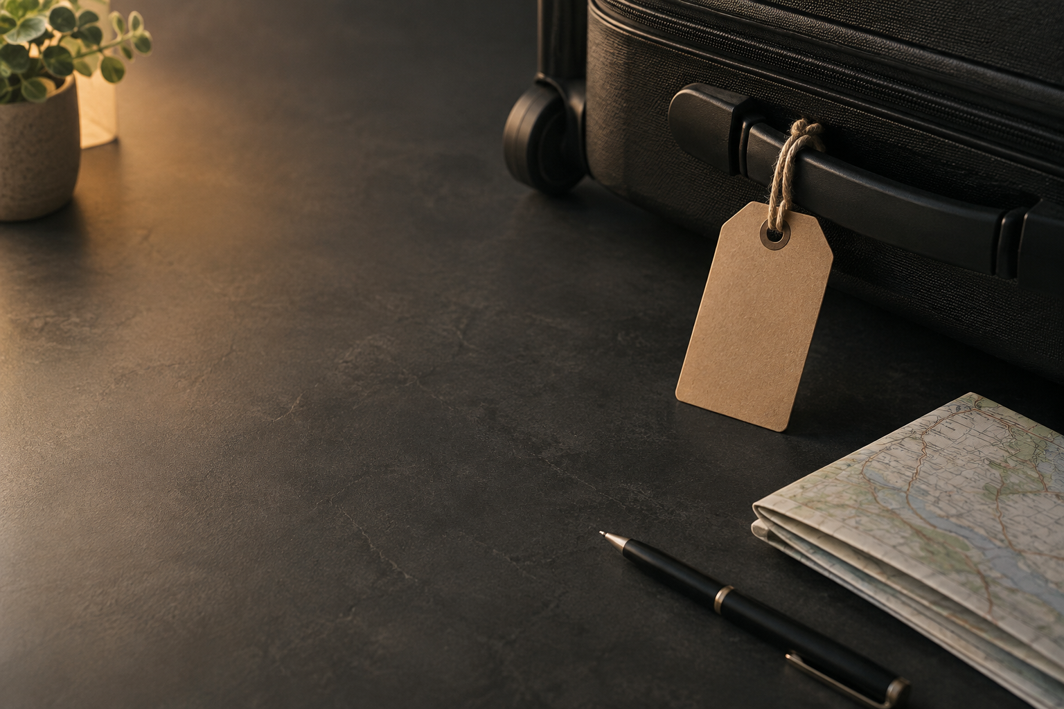 The corner of a dark carry-on suitcase with a blank kraft paper luggage tag, next to a folded map and a pen on a dark desk