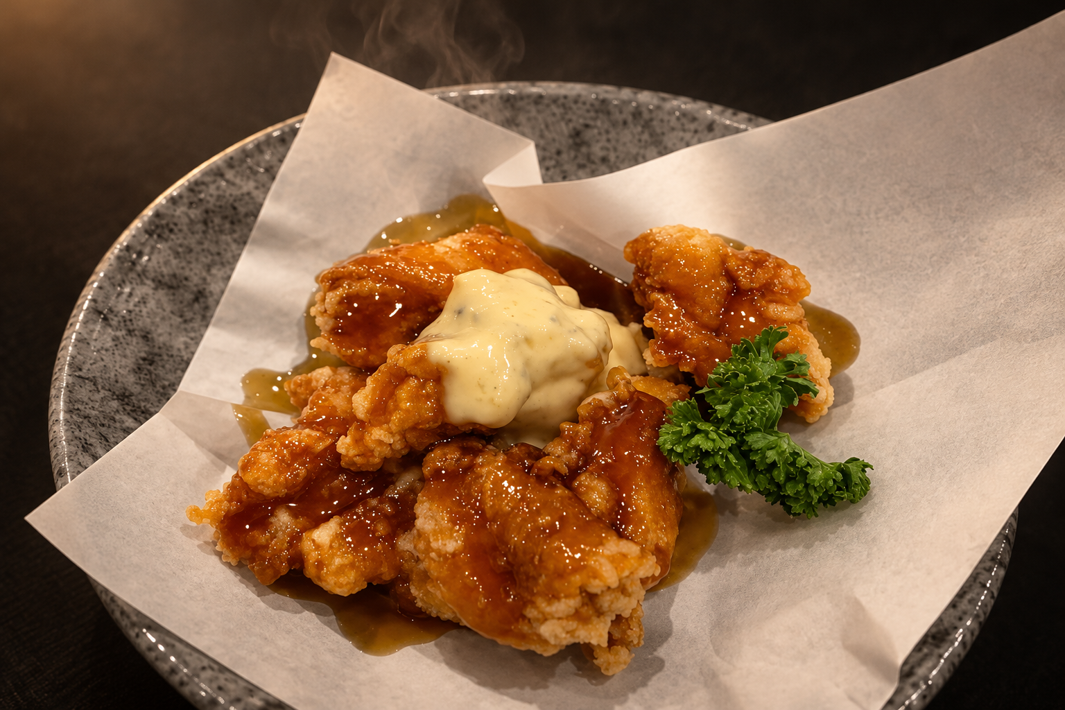 Fried chicken pieces glazed with a glossy sweet sauce on white paper in a grey bowl, topped with a tartar-style sauce and a sprig of parsley, against a dark background