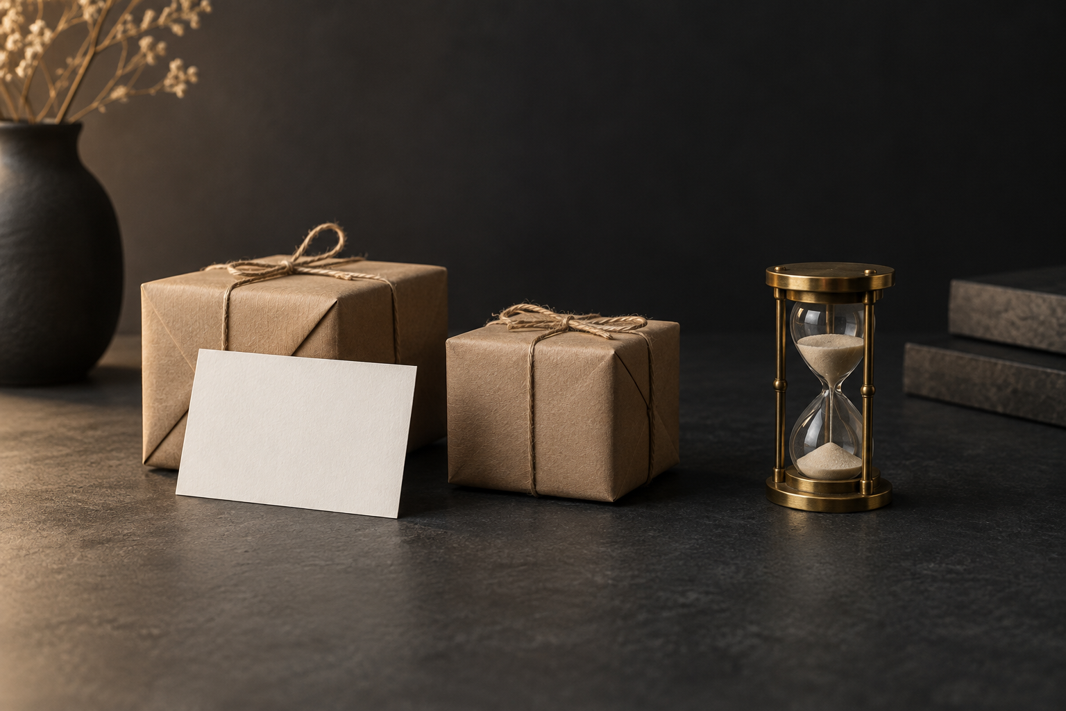 Two small kraft paper parcels tied with twine on a dark desk, a blank white card leaning against one, and a brass hourglass beside them