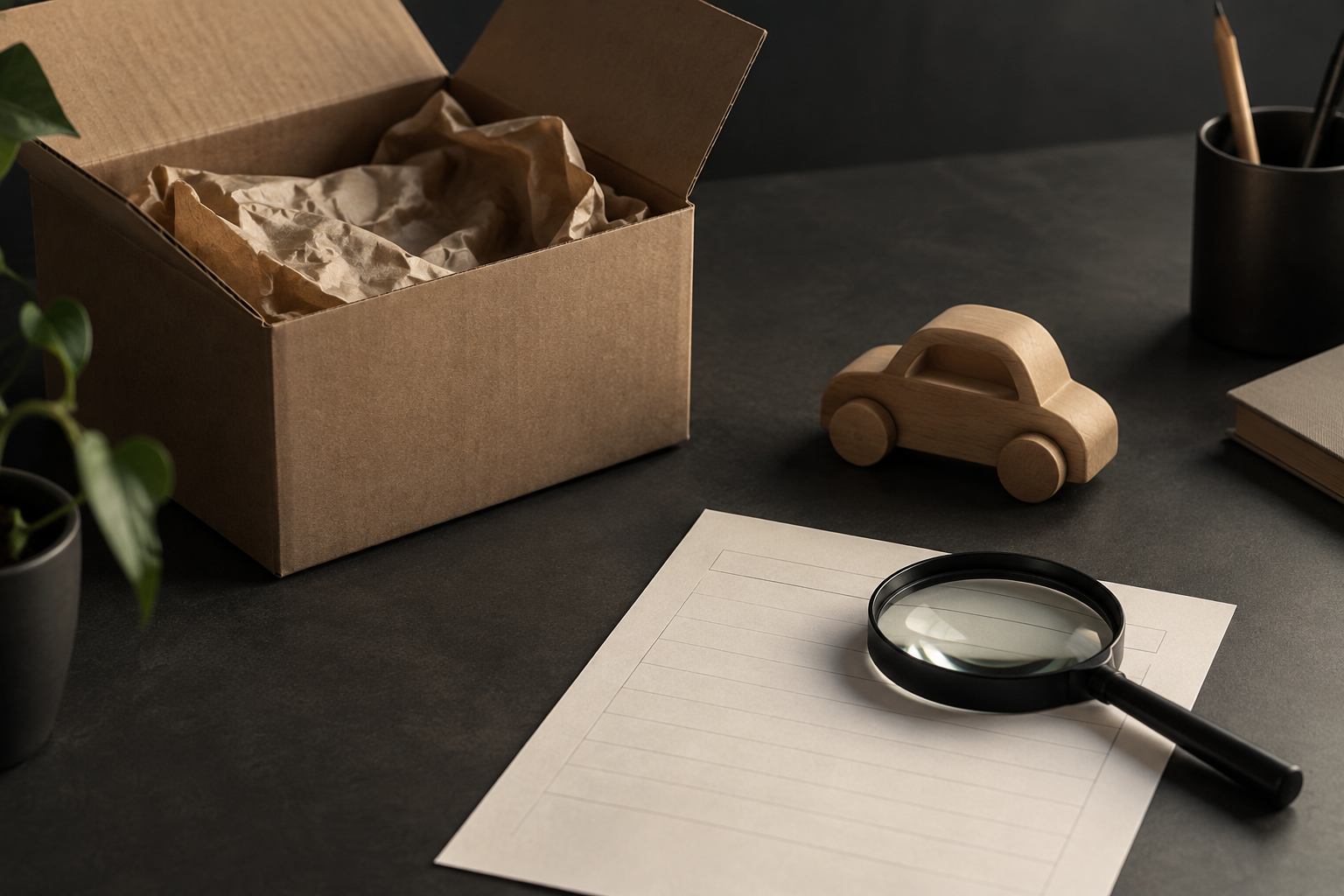 On a dark desk: an opened kraft cardboard carton with paper packing, a plain wooden toy car, and a magnifying glass resting on a blank form