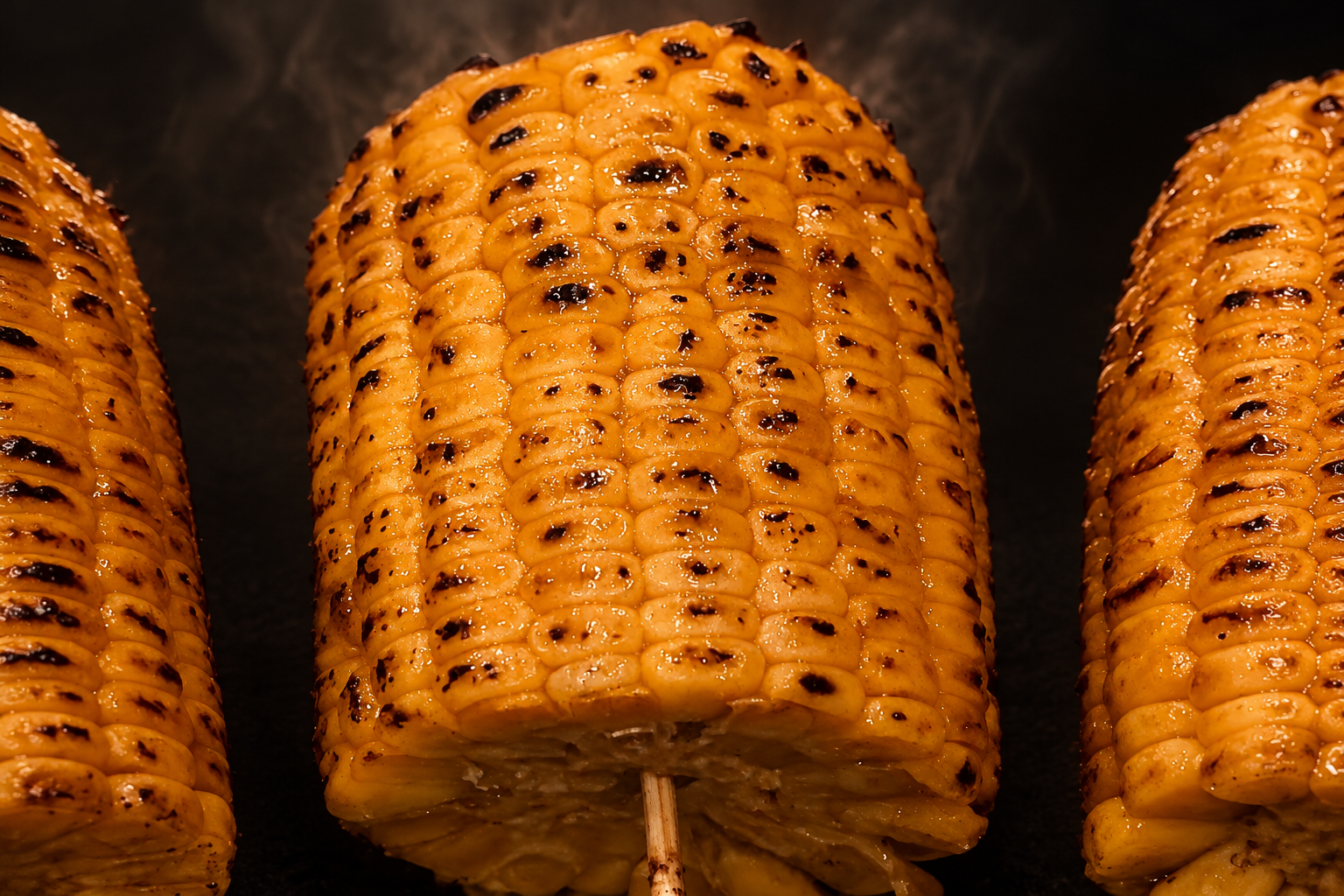 Three short pieces of corn on bamboo skewers against a dark background, the kernels glossy and charred in spots