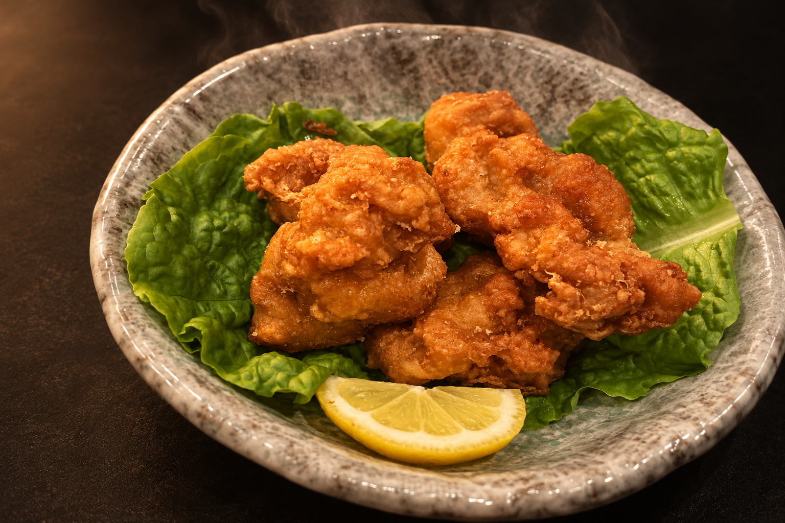 Golden fried chicken pieces on lettuce in a grey ceramic bowl with a lemon wedge, against a dark background
