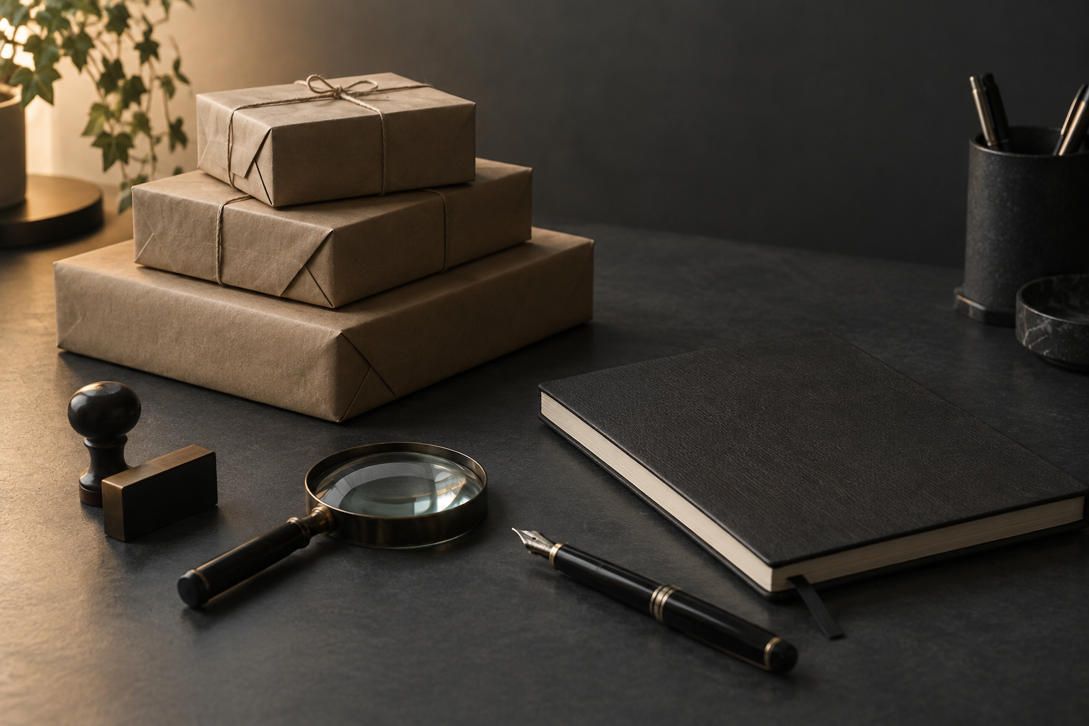 On a dark desk: a stack of three plain kraft-wrapped parcels tied with string, a rubber stamp, a magnifying glass, a fountain pen and a closed black notebook