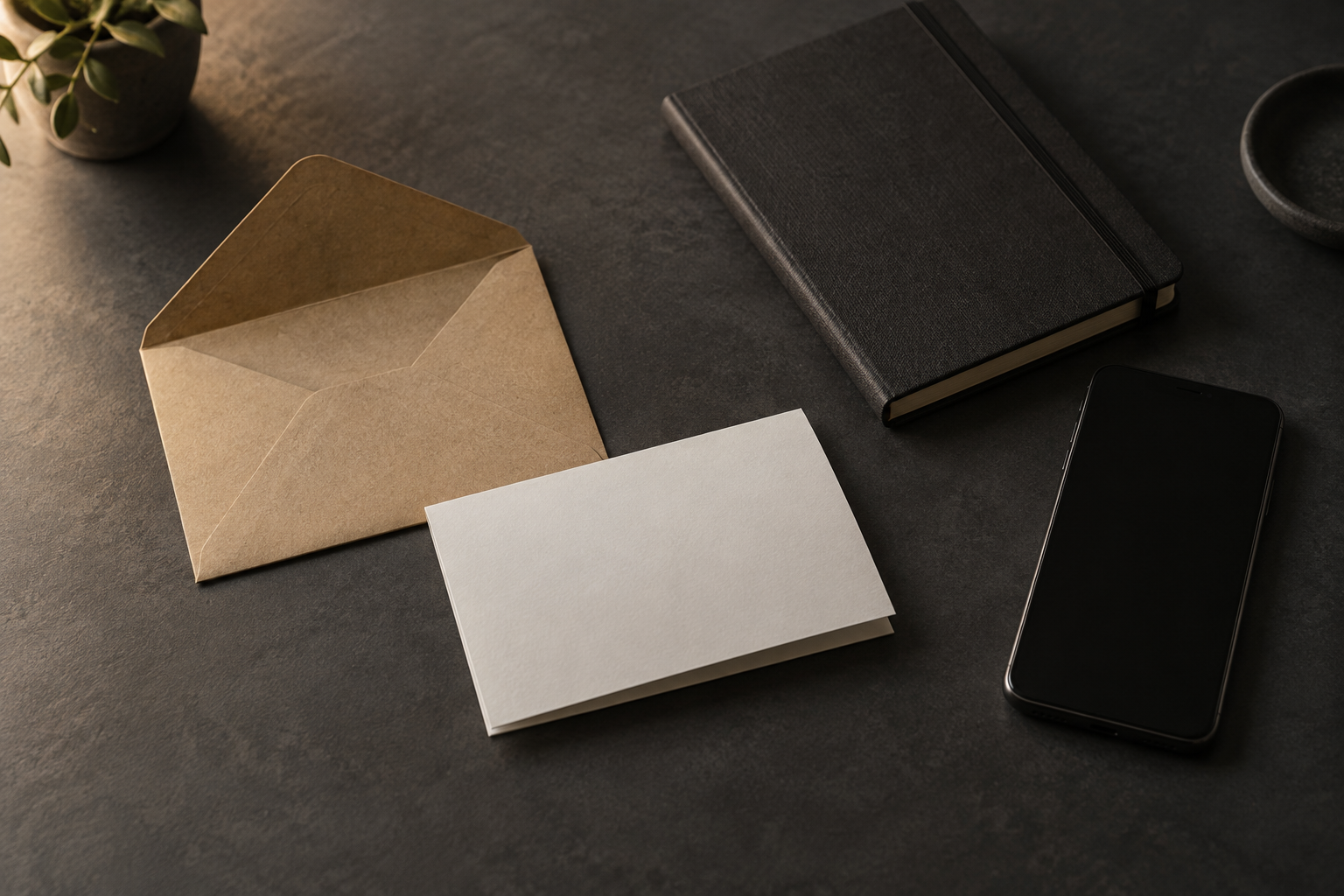 An open kraft paper envelope, a blank folded paper slip, a closed black notebook and a smartphone with a dark screen on a dark stone table