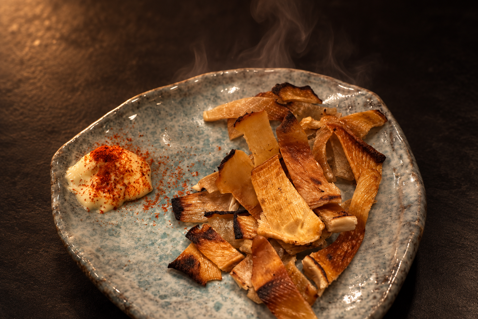 Strips of grilled dried ray fin with charred edges and a dab of mayonnaise sprinkled with shichimi on a blue-grey plate, against a dark background