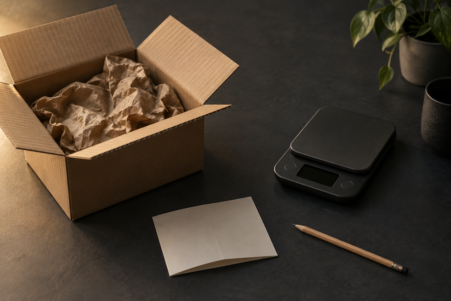 An open cardboard box with crumpled kraft paper inside, a blank folded paper slip, a small kitchen scale with a dark display and a pencil on a dark table