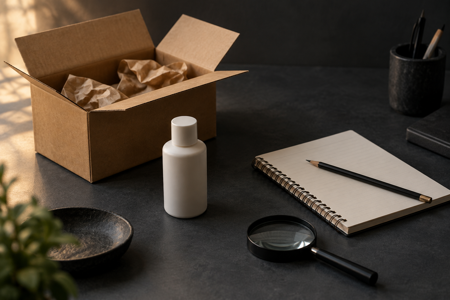 An open cardboard box with crumpled kraft paper, a plain unlabelled cosmetic bottle set to one side, a notebook with a pencil and a magnifying glass on a dark table